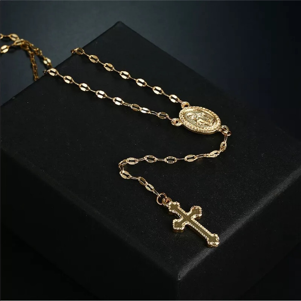 New gold rosary Jesus cross necklace danity - Picture 3 of 3